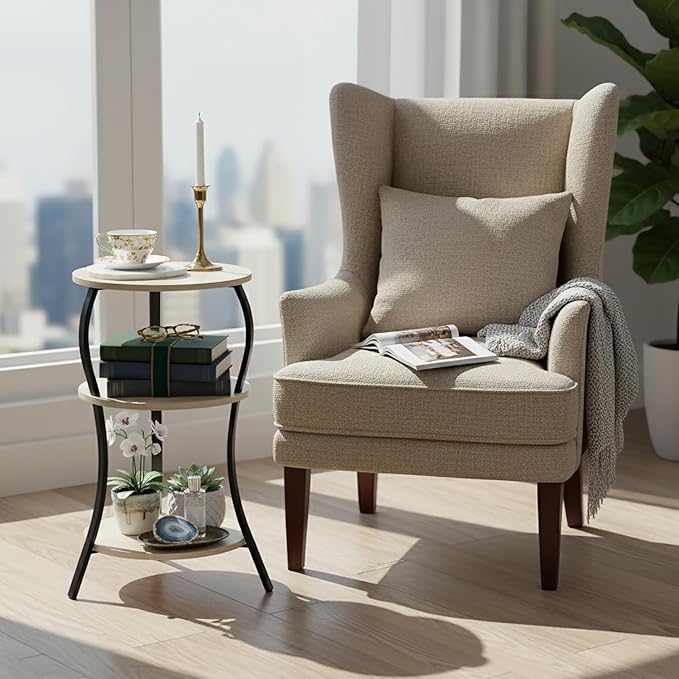 Vintage Small Round Side Table, 3-Tier Slim Waist Circular End Table with Storage Shelf, Compact Tea Sofa Side Table, Round Corner Coffee Table Nightstand for Living Room Bedroom Small Spaces,Oak