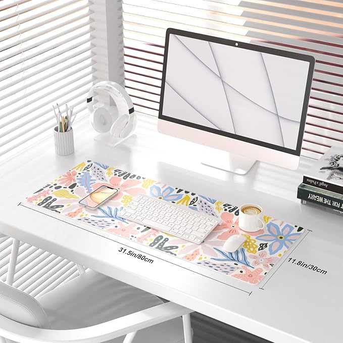QIYI Floral Large Mouse Pad, Cute Desk Mat for Desktop, Women Girls Desk Accessories Office Décor, PU Leather Waterproof Big Gaming Mousepad, Doodle Flowers Desk Pad Computer Mat, 31.5" x 11.8"