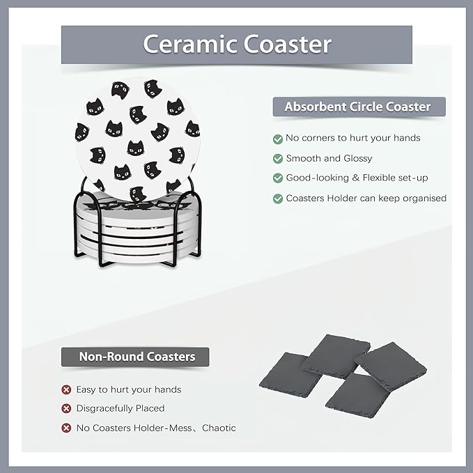 Drink Coasters Set of 6 with Holder,Cute Black Cat Absorbent Ceramic Coasters with Cork Base,Fit All Cups,Tabletop Protection Mat for Mugs and Cups,Office,Kitchen