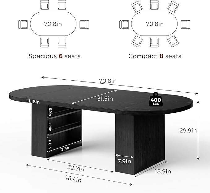 70.8" Dining Table for 6 8, Modern Dining Room Table with Storage, Wood Kitchen Table with Heavy Duty Legs, Dinner Tables for Kitchen Dining Room (Black)