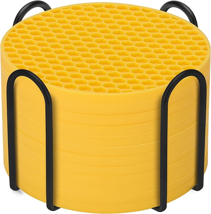 Silicone Coaster Set of 12 with Holder, Drinks Coasters, Beer & Coffee, Suitable for All Cups, Hot or Cold, Anti-Slip, Non-Stick, Anti-Overflow Tabletop Protection and Decor (12 Pcs, Yellow)