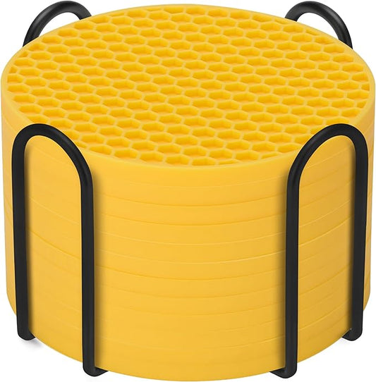 Silicone Coaster Set of 12 with Holder, Drinks Coasters, Beer & Coffee, Suitable for All Cups, Hot or Cold, Anti-Slip, Non-Stick, Anti-Overflow Tabletop Protection and Decor (12 Pcs, Yellow)