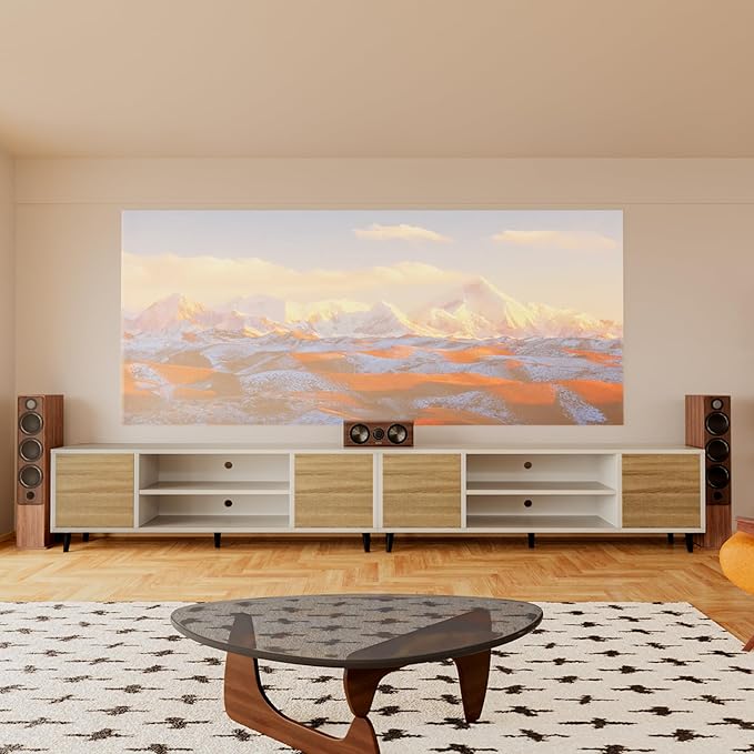 YESHOMY Modern TV Stand for 65" Television, Entertainment Center with Two Storage Cabinets and Open Shelves, Retro Style Media Console for Living Room, Bedroom, Office, 58 Inch, White and Beige