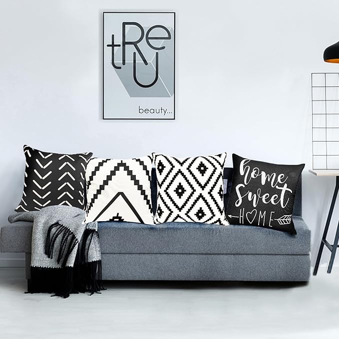 Decorative Throw Pillow Covers 18x18 inch Black White Pillow Covers for Couch Sofa Living Room Bedroom Farmhouse Outdoor Throw Pillow Cover,Modern Geometric Linen Square Throw Pillow Case Set of 4