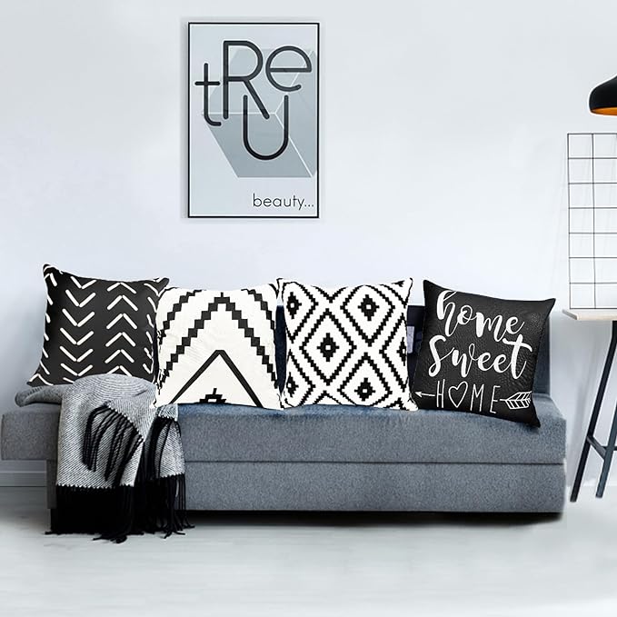 Decorative Throw Pillow Covers Set of 4 Black White Pillow Covers 20x20 inch Throw Pillow Cases Linen Square Pillow Case,Farmhouse Outdoor Modern Geometric Pillow Covers for Couch Sofa Living Room