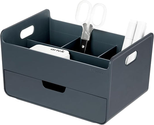 BLUE GINKGO Portable Desk Organizer – Compact 3 Compartment, Half-drawer Storage – Pen Holder, Stationery Desktop Organizer for Office, Makeup, Crafts (Made in Korea, Blue)