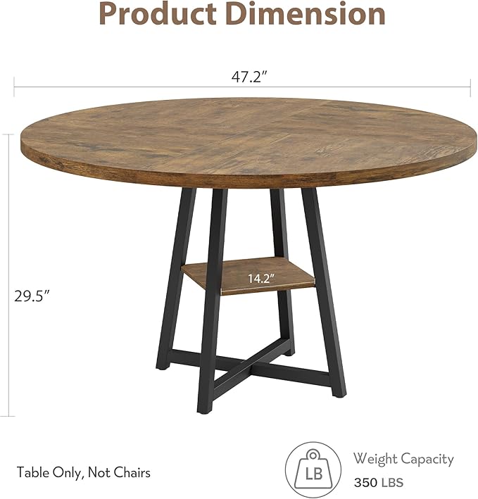 GAOMON Round Dining Table for 4-6 People, 47 Inch Brwon Dinner Room Pedestal Table with Storage Shelf, Industrial Circle Kitchen Table for Kitchen, Dining Room, Space Saving