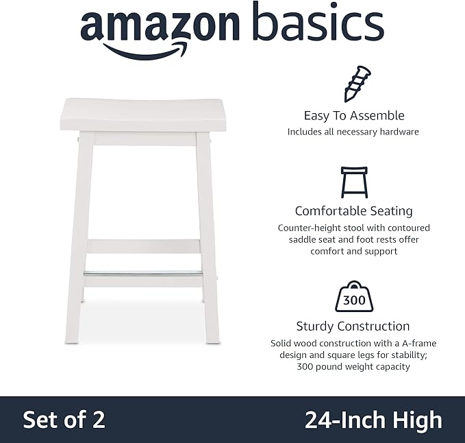 Amazon Basics Solid Wood Saddle-Seat Kitchen Counter Barstool with Footrest, Easy Assembly - 24-Inch Height - White - Set of 2
