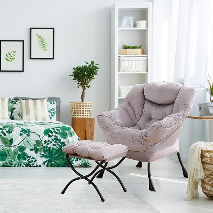 Welnow Lazy Chair with Ottoman, Modern Lounge Accent Chair with Armrests and a Side Pocket, Leisure Sofa Armchair, Reading Armchair with Footrest for Small Space, Light Grey