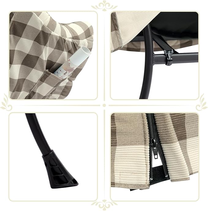 HollyHOME Fabric Lazy Chair with Foldable Ottoman, Accent Lounge Arm Chair and Folding Footrest Stool Set, Leisure Sofa Reading Chair and Footstool for Living Room, Bedroom, Dorm, Beige&Coffee Grid