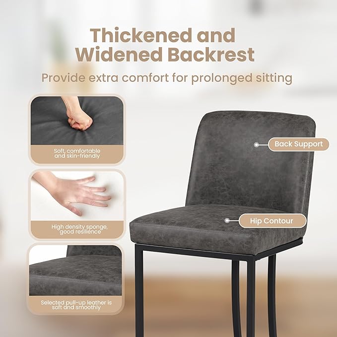 PHI VILLA Dark Grey Bar Stools Set of 2, Faux Leather Counter Height Chairs, Kitchen Stools for Island, 24 Inch Barstools with Back