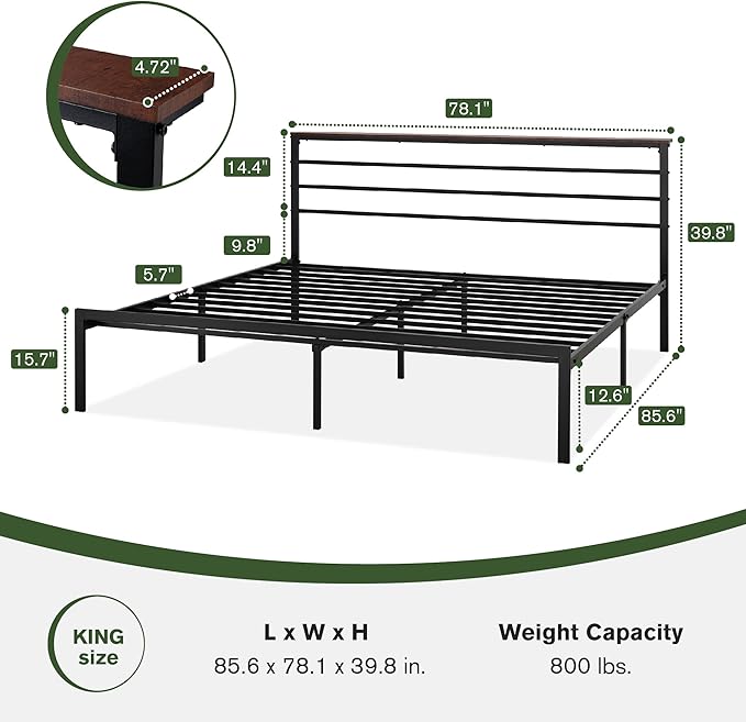 MUTICOR King Size Metal Platform Bed Frame with Shelf Headboard, No Box Spring Needed, Easy Assembly, Brown Shelf