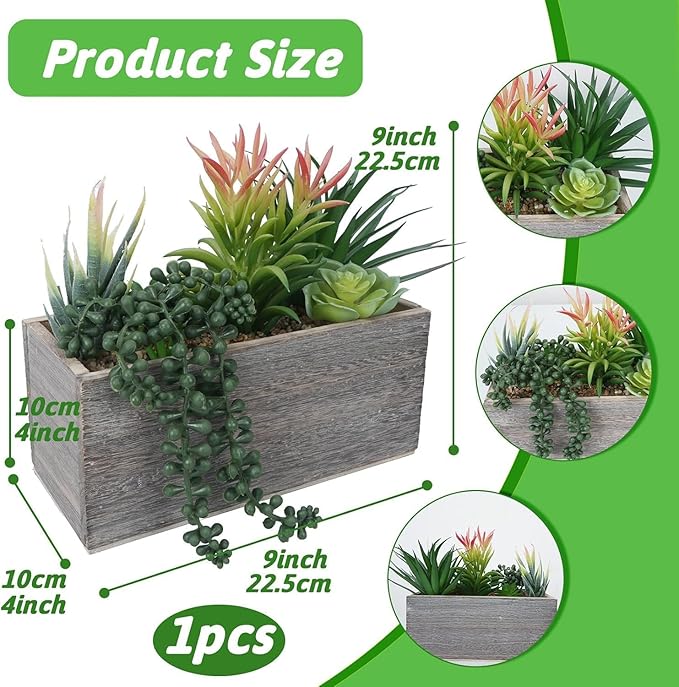 Artificial Succulents Plants Indoor Faux Succulent Potted Arrangement in Rectangular Wooden Pot for Table Centerpiece Windowsill Coffee Patio Farmhouse Decor