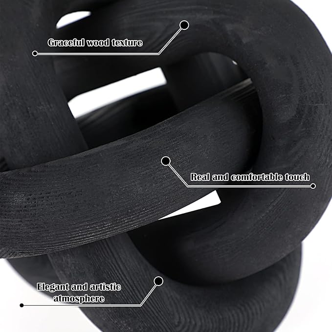 3 Link Wood Knot Decor - Hand Carved Coffee Table Decoration, Boho Chain Link Decor, Modern Shelf, Rustic Objects for Home Living Room Bedroom(Black)