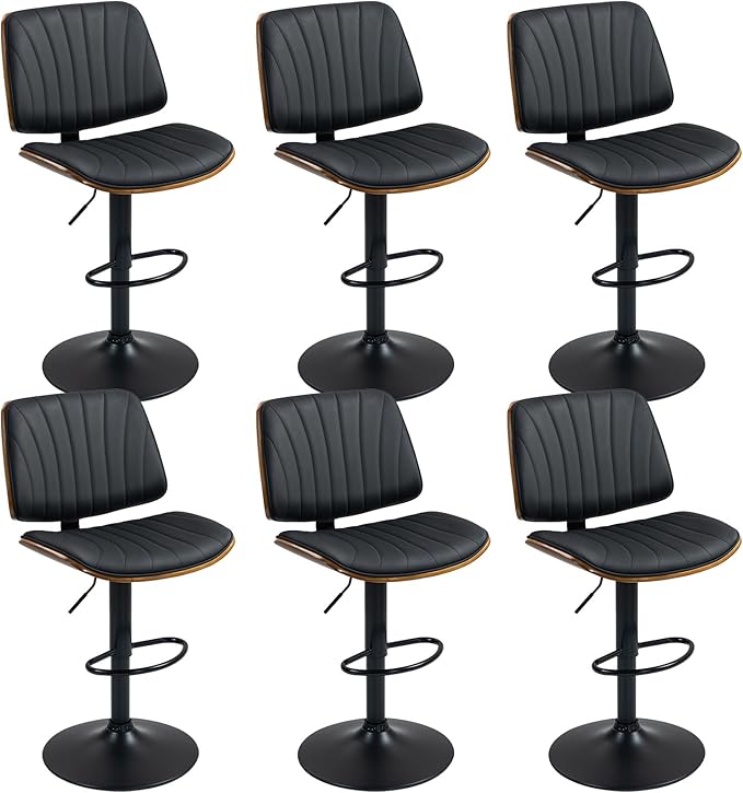 ECOTOUGE Bar Stools Set of 6, Adjustable Bentwood Barstools, Modern Swivel Bar Height Chairs with Back and Footrest for Kitchen Island, Counter, Dining Room(Black)