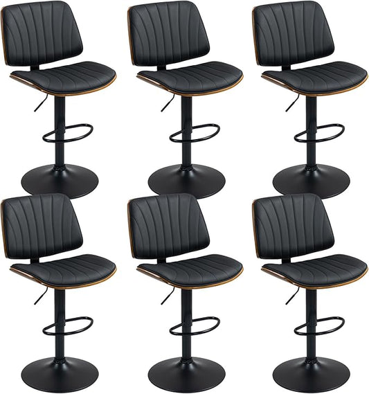 ECOTOUGE Bar Stools Set of 6, Adjustable Bentwood Barstools, Modern Swivel Bar Height Chairs with Back and Footrest for Kitchen Island, Counter, Dining Room(Black)