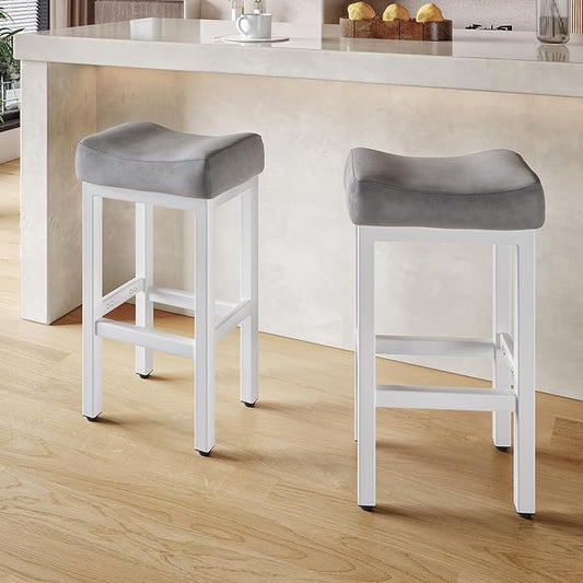 29 Inch Bar Height Bar Stools Set of 2, 29" Barstools for Kitchen Island Counter, Backless Bonded Leather Bar Height Stools with Thick Saddle Seats & Heavy Duty Metal Base, Easy Assembly, Gray/White