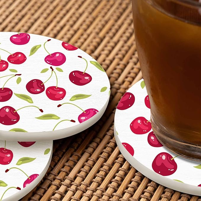 Cherry Berries Coasters for Drinks Office Coffee Table Healthy Fresh Fruit Food Glossy Leaf Organic Ripe Sweet Graphic Living Room Decor Set of 2 for Cold Drinks Wine Mugs and Cups 4 Inch