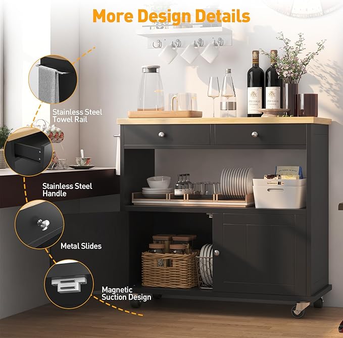 Rolling Kitchen Island with Storage Cabinet, 35.4'' Width Kitchen Cart, 2 Drawers Island Table, Portable Mobile Kitchen Island with Towel Rack, Wood Top and Lockable Wheels, Black