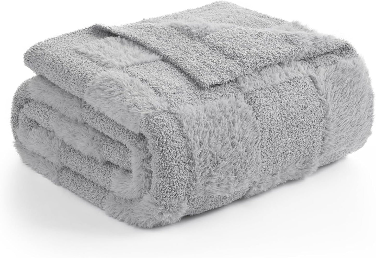 Snuggle Sac Faux Fur Checkered Blanket Twin Size with Soft Knitted Microfiber Fabric,Cozy Soft Warm Blanket for Sofa Bedroom Living Room,Solid Light Grey,60x80 inches