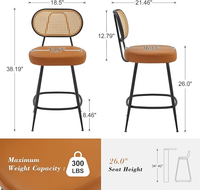 26" Rattan Barstools Set of 2, Counter Height Bar Chair with Black Metal Legs, Modern Armless PU Leather Pub Chair,Adjustable Feetpads Stools for Home Counter,Kitchen Dining Island,Cafe(WBR)