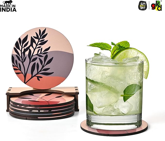 GKD Wooden Coasters for Drinks, Coasters Set of 6 with Holder, 3.5 inches Eco-Friendly Absorbent Coaster for Coffee Table, Bar, Drinking Glasses, Tabletop Protection (1, Modern Art)