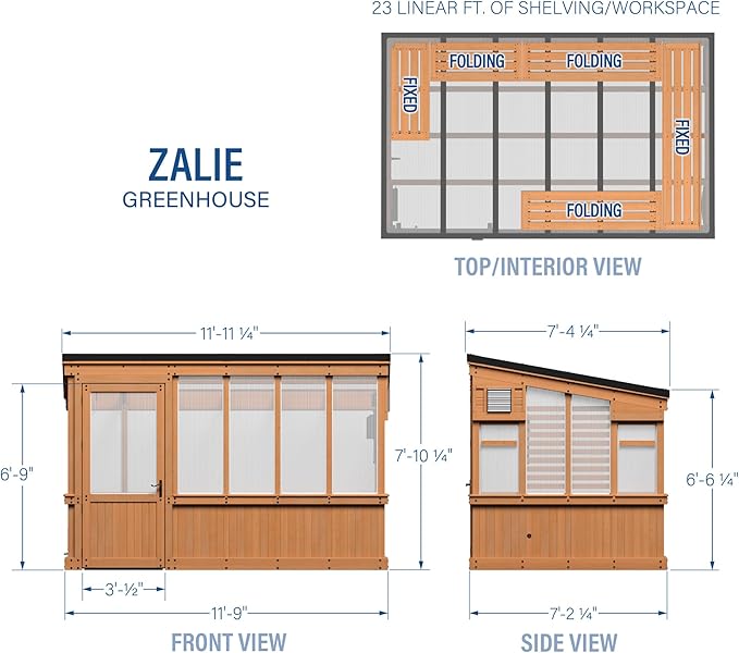 Backyard Discovery Zalie 11' x 7' Cedar Wood and Polycarbonate Walk-in Greenhouse Kit with Exhaust Fan, Windows, Hose Hook-Ups, PowerPort, Staging Shelves for Year-Round Outdoor Gardening