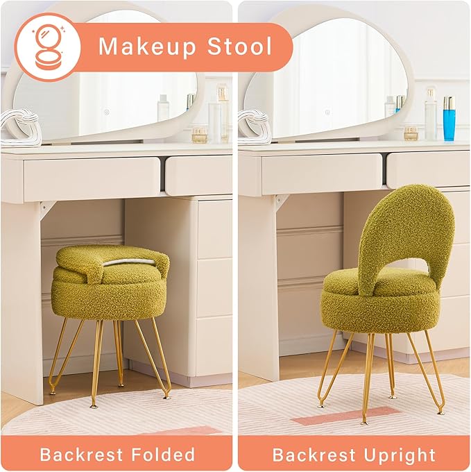 Storage Ottoman Vanity Stool Chair with Folding Back Teddy Velvet Makeup Chair Multifunctional Upholstered Footstool,4 Metal Legs with Anti-Slip Feet for Bedroom Living Room Entryway