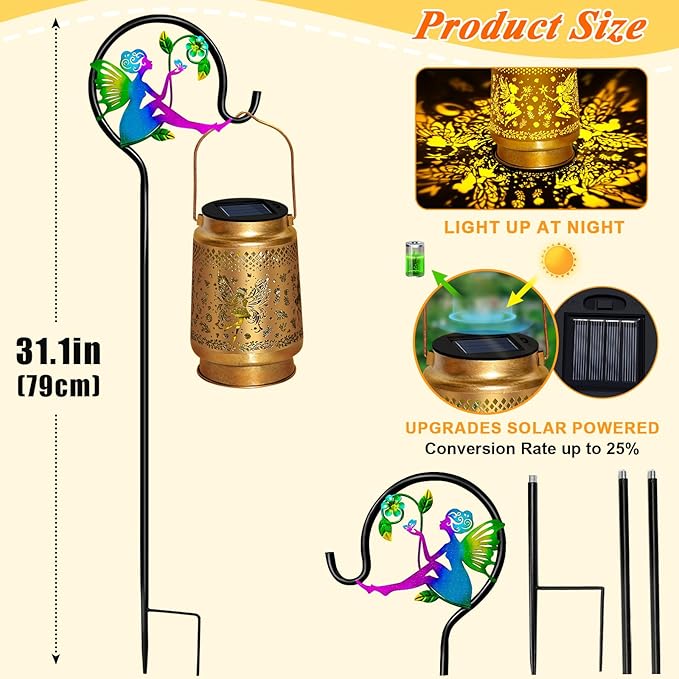 2 Packs Fairy Solar Lanterns Outdoor Waterproof with Shepherd Hook,Hanging Solar Lights Fairy Garden Decor,Christmas Decorations Gifts for Women Grandma,Metal Decorative Lanterns for Yard,Patio,Porch
