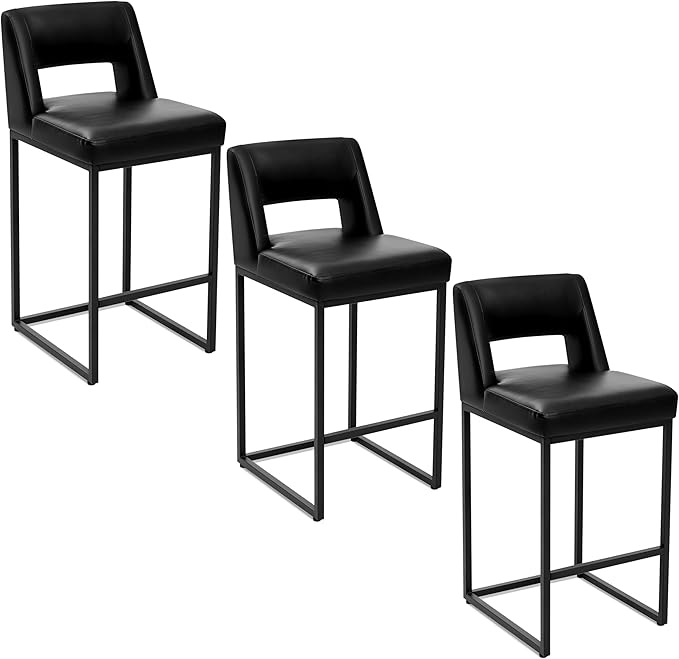 Counter Height Black Bar Stools Set of 3 for Kitchen Counter Modern Bar Chairs with Backs for Kitchen Island with Upholstered Faux Leather Seat and Metal Frame, 26 Inch