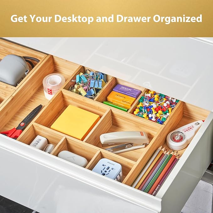 Umilife Extra Large Bamboo Desk Drawer Organizer, Wood Junk Organizer Tray with Adjustable Dividers, Anti-Skip Storage Organization in Office Bathroom Drawer for Vanity, Makeup, 17" x 12"