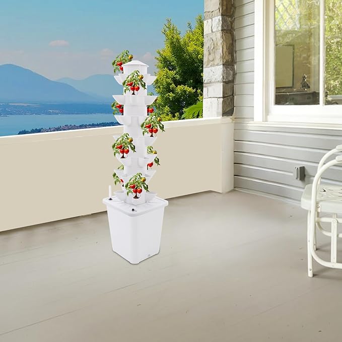 7-Tier Hydroponic Growing Tower, 35-Plant Indoor Gardening System w/Automatic Water Circulation, Vertical Aeroponic Tower Garden for Herbs, Vegetables, Fruits (White, 35-Plants)