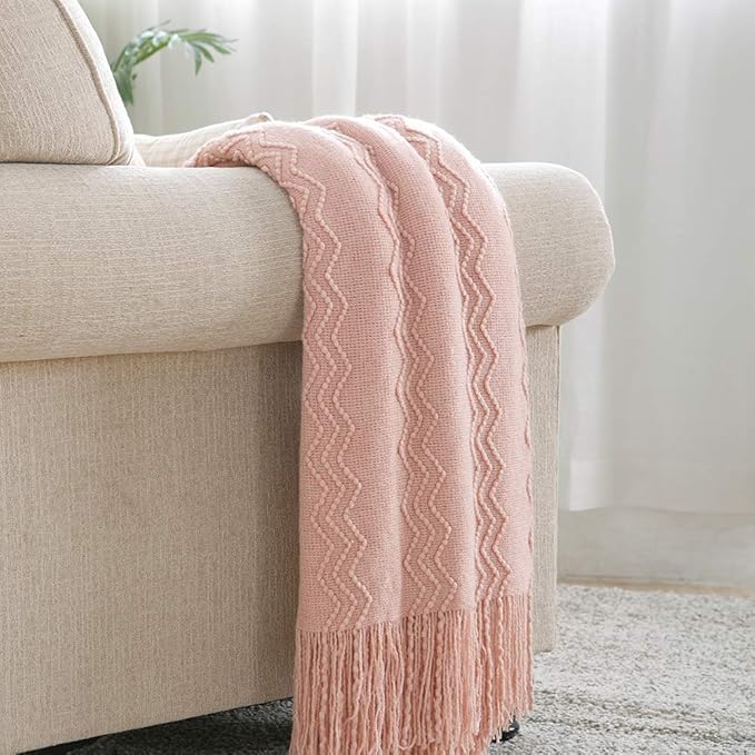BOURINA Pink Throw Blanket 60x80 Inches Throw Textured Solid Soft Sofa Throw Couch Knitted Decorative Blanket