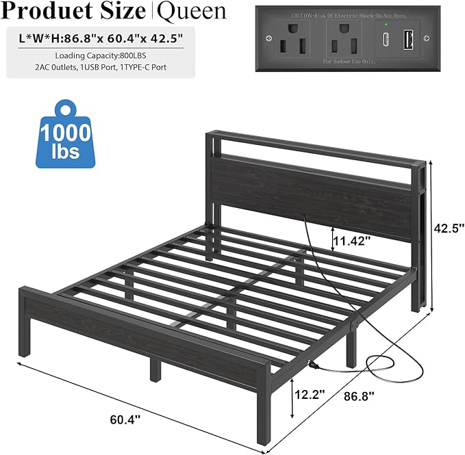 Queen Size Bed Frame with Storage Headboard, Industrial Platform Bed with Charging Station and LED Lights, Heavy Duty Metal Slats, No Box Spring Need, Noise Free, Black
