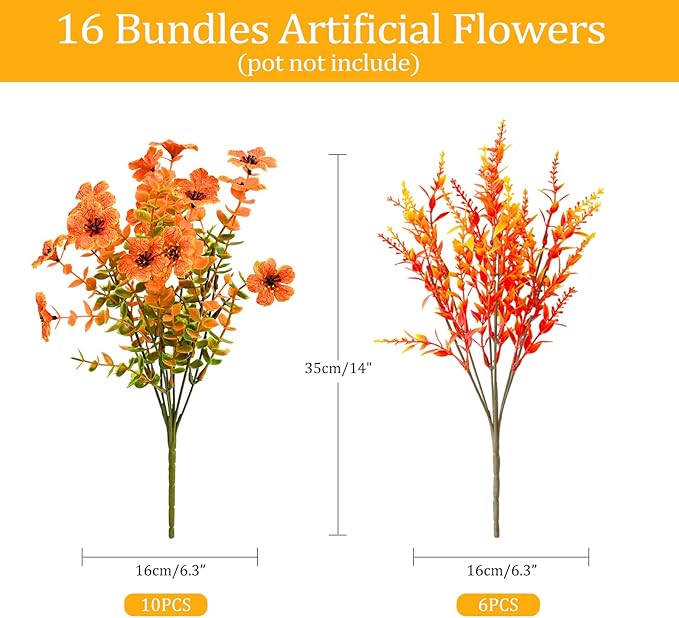 Artificial Faux Fall Mums Flowers Outdoor Decoration,16 Bundles Fake Silk Colorful Daisy Eucalyptus Realistic UV Resistant Plants for Outside Home Planter Porch Patio Yard Decor
