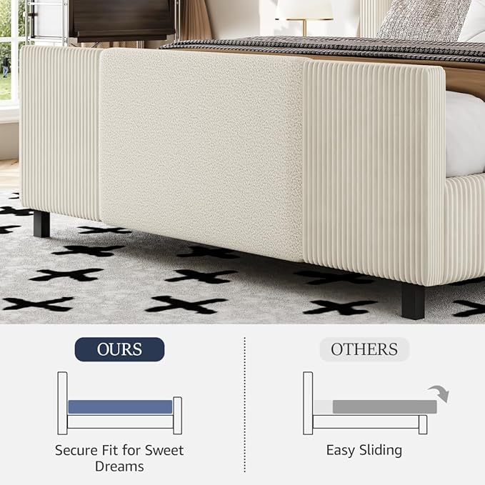 Queen Size Bed Frame with Tall Headboard and Footboard, Boucle and Corduroy Upholstered Bed Frame Queen with LED Lights, Modern Platform Bed Frames, Noiseless, Easy Assembly, Beige