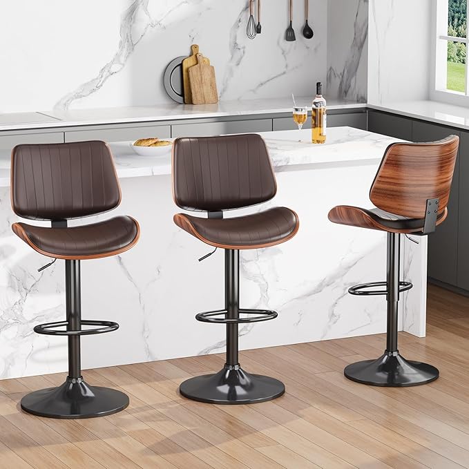 Swivel Bar Stools Set of 2, Adjustable Bentwood Barstools for Kitchen Counter, Modern PU Leather Upholstered Bar Chair with Back and Footrest, for Kitchen Island, Bar, Dining Room, Brown