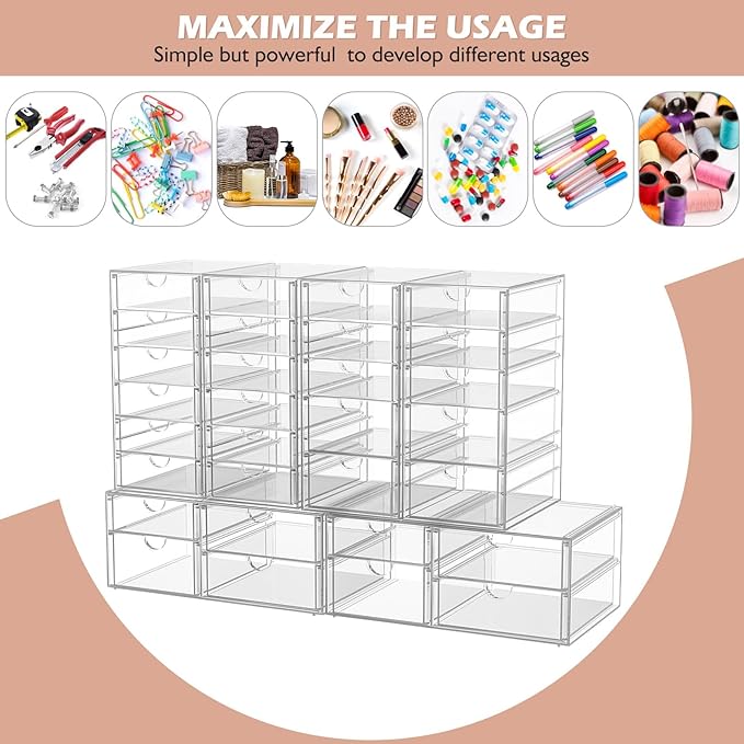 Makeup Organizer Storage With 30 Drawers, 6 Pack Desktop Office Supplies, Desk Organizers, Clear Desk Accessories, Dustproof Drawer Organizer and Storage for Make Up, Jewelry, Pen, Desktop Stationary