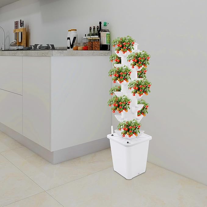 7-Tier Hydroponic Growing Tower, 35-Plant Indoor Gardening System w/Automatic Water Circulation, Vertical Aeroponic Tower Garden for Herbs, Vegetables, Fruits (White, 35-Plants)
