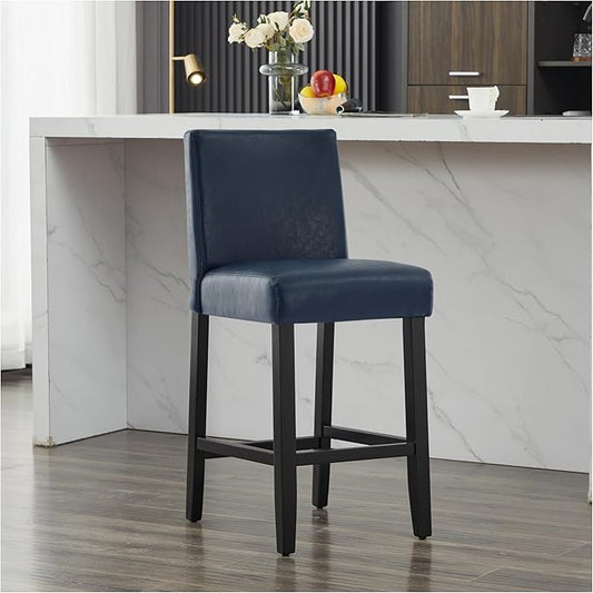 26'' Faux Leather Bar Stools, Modern Upholstered Bar Chairs with Back, Soild Wood Legs Barstools for Kitchen Island, Blue