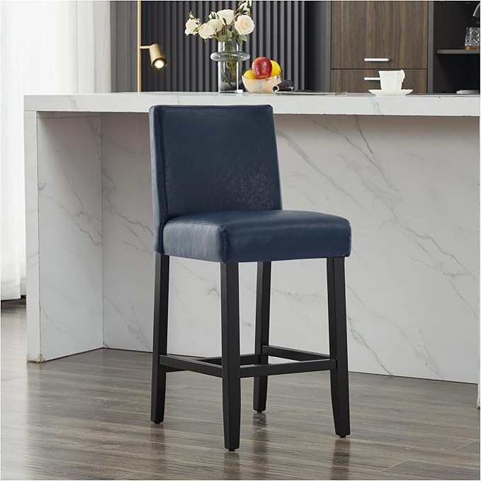 26'' Faux Leather Bar Stools Set of 2, Modern Upholstered Bar Chairs with Back, Soild Wood Legs Barstools for Kitchen Island, Blue
