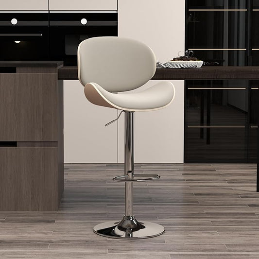 KCC Bar Stools, Swivel Adjustable Height Barstools, PU Leather Upholstered Bar Chairs with Footrest, Bentwood Bar Stool for Kitchen, Bar, Dining Room(Grey PU)