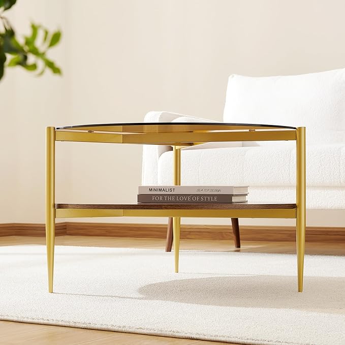 Round Coffee Table, Mid-Century Modern Design, D30*H17 inch, for Living Room, 2-Tier Structure, Amber Glass Top and Walnut Wood Shelf, Sleek Conical Metal Legs with Gold Finish
