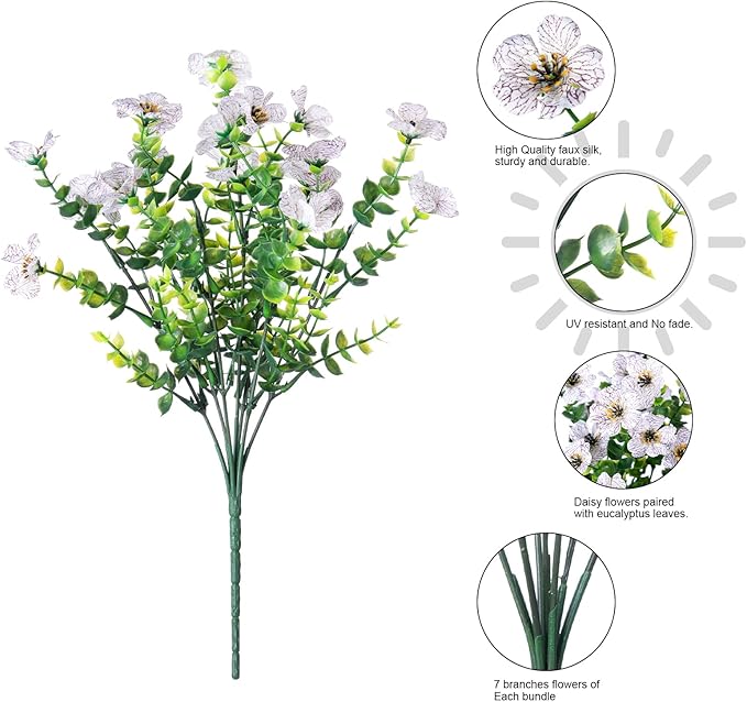 Artificial Fake Plants Flowers for Outdoor Outside Spring Summer Decoration, 12 Bundles Faux Silk White Daisy UV Resistant Realistic for Porch Patio Home Window Box Yard Garden Planter