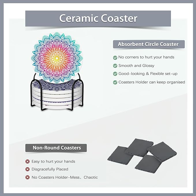 6 Pcs Coasters for Drinks with Holder,Flower Mandala Boho Absorbent Coaster with Cork Backing,Great Gift for Housewarming,Room Decor,Bar,Holiday Party