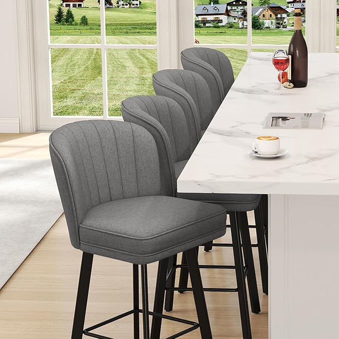 Swivel Counter Height Bar Stools Set of 2, 26'' Modern Barstools with Backs and Metal Legs, Upholstered Bar Chairs,Mid-Gray,Fabric Stools for Kitchen Island Chairs