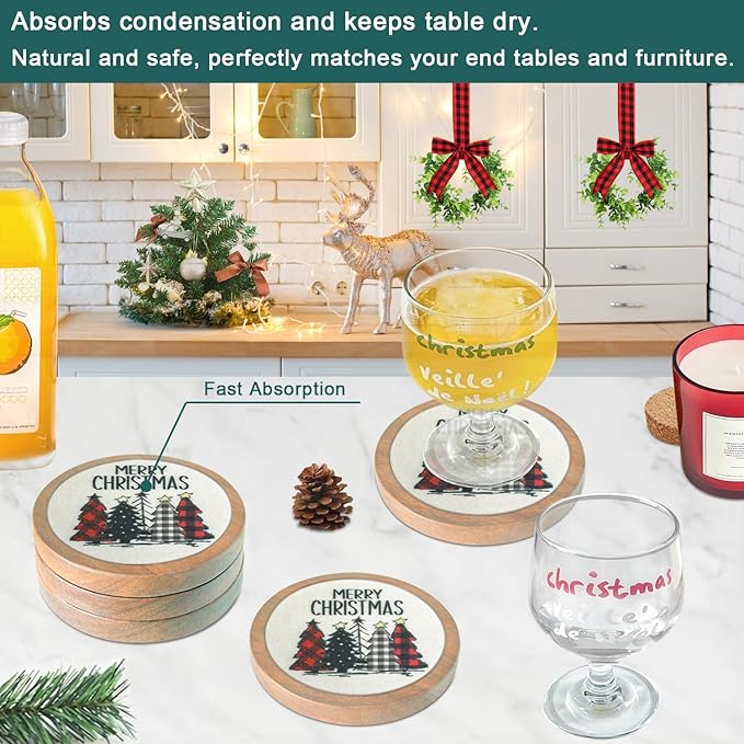 Christmas Tree Coasters for Drinks, Minacun Absorbent Coaster Set of 5, White Elephant Gifts, Secret Santa Gifts, Xmas Decor, Drinks Coasters for Coffee Tabletop Protection, 4.3 Inches