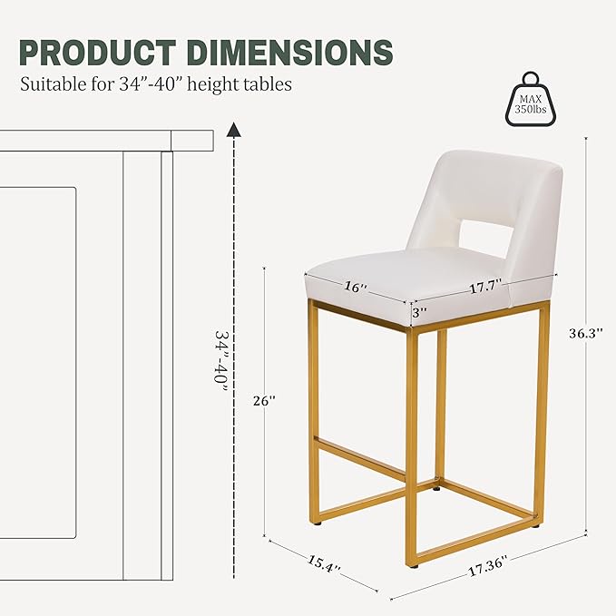 White and Gold Counter Height Bar Stool for Kitchen Counter Modern Bar Chair with Back for Kitchen Island with Upholstered Faux Leather Seat and Metal Frame, 26 Inch