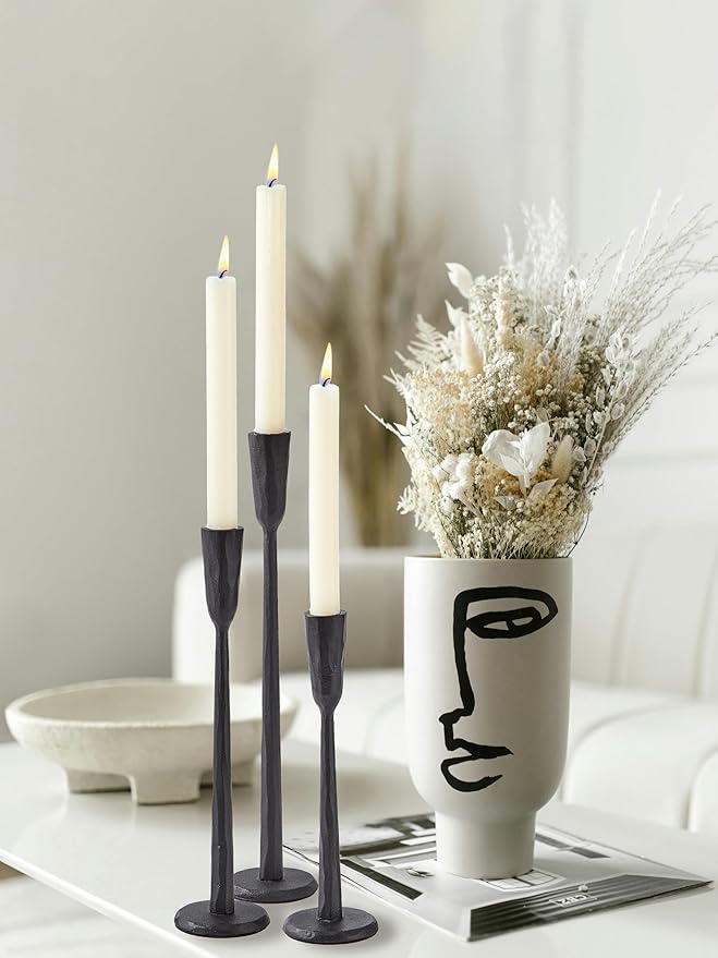 Black Iron Taper Candle Holder Set of 3, Heavy Wrought Iron Candlestick Holders Decorative Candle Stand, Vintage Candle Holder for Wedding, Dining, Home Decoration
