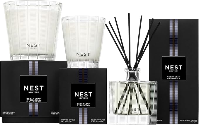 NEST New York Reed Diffuser, Cedar Leaf & Lavender - 5.9 fl oz - Fragrance for Up to 90 Days - Reusable, Refillable Glass Holder - Includes 8 All-Natural Reed Sticks - Flame Free